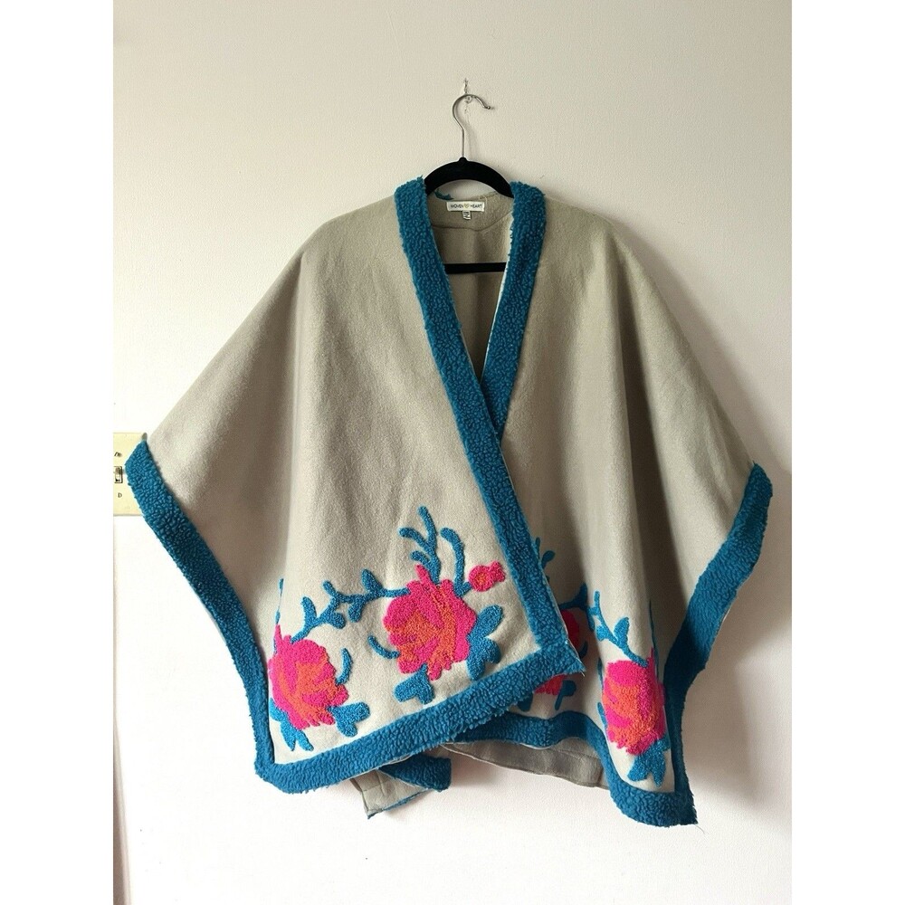 Woven Heart Floral Fleece Poncho Cape One Size Boho Embroidered Blanket Wrap